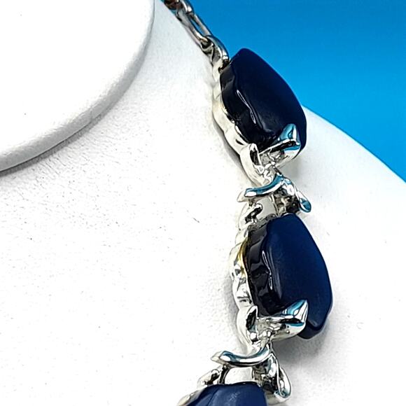 Vintage Dark Blue Moonglow Choker Necklace, Silver Tone, 1950s Vintage Jewelry - Picture 6 of 11